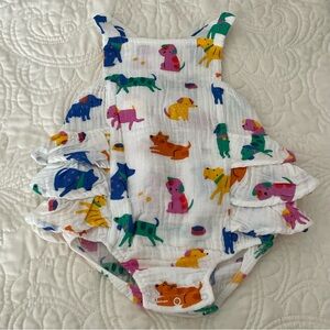 SOLD!!! NWT Angel Dear Cotton Muslin Multicolor Dog Print Ruffle Sunsuit 6-12M